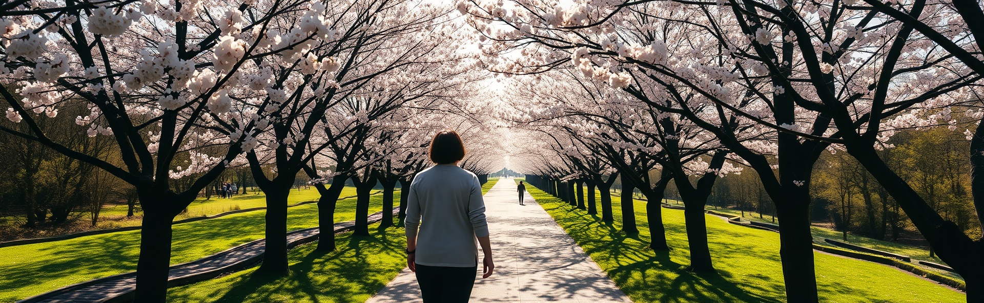 桜満開の並木道を歩く人物の後ろ姿