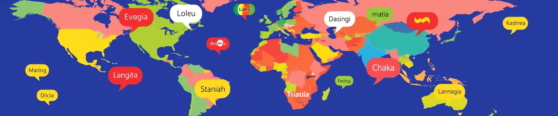 各国の挨拶が散りばめられたカラフルな世界地図イラスト
