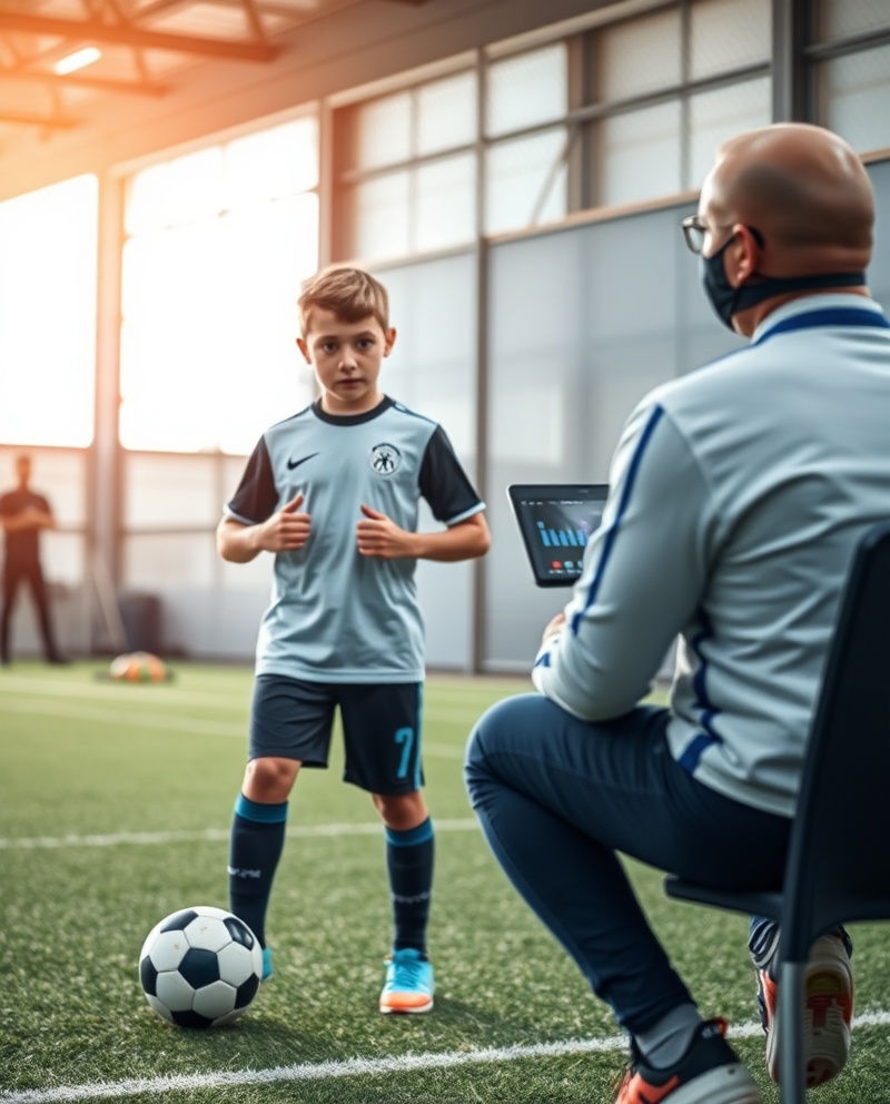 スポーツユニフォームの子供がオンラインで外国人コーチと会話