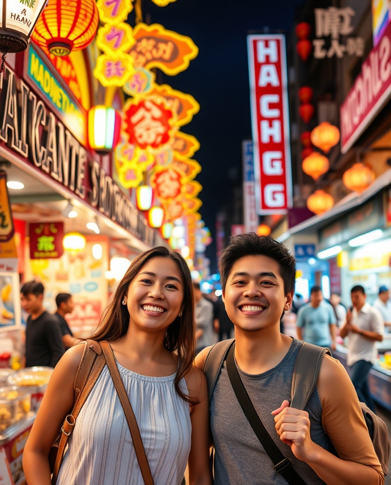 海外の市場で現地の人と楽しそうに会話するカップル