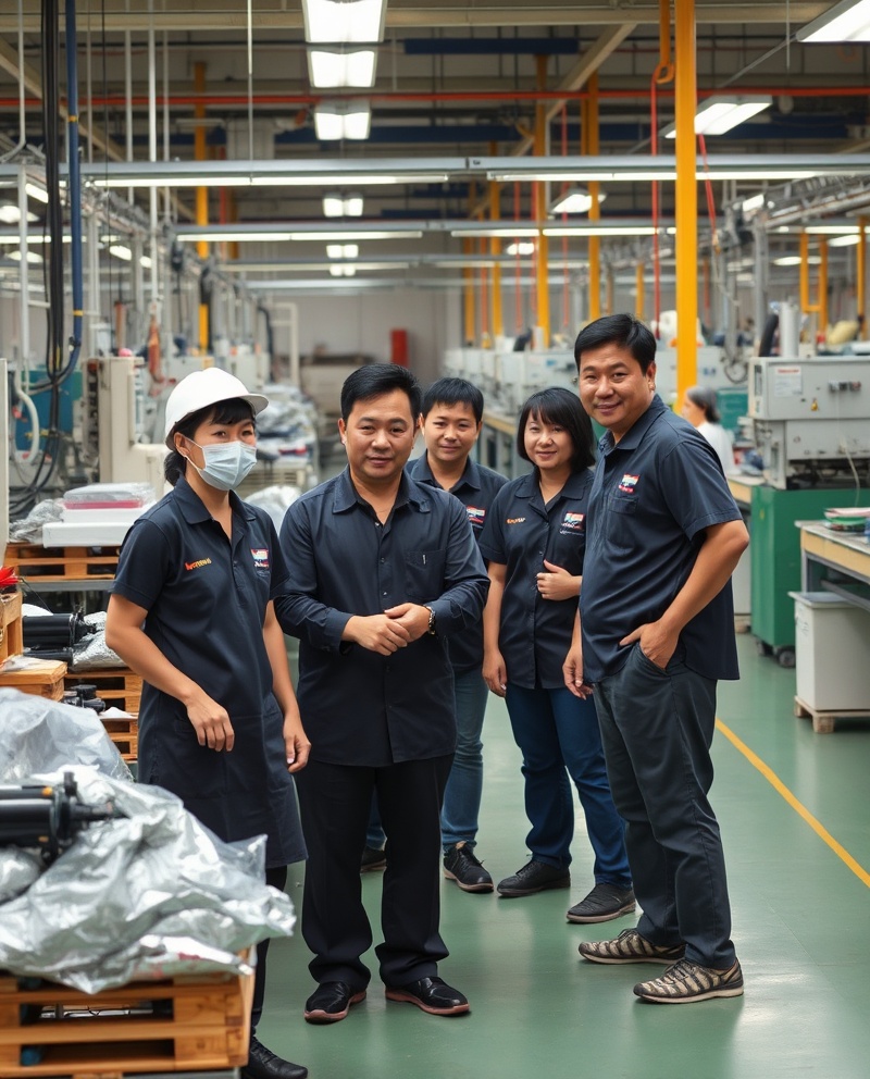 現場で外国人スタッフと笑顔で会話する日本人