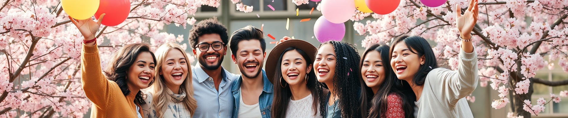 喜ぶ若者たちのグループ、紙吹雪と風船