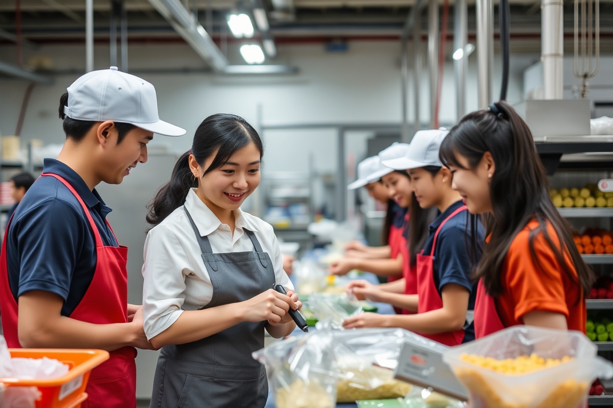 食品工場でタイ人スタッフと笑い合う日本人女性