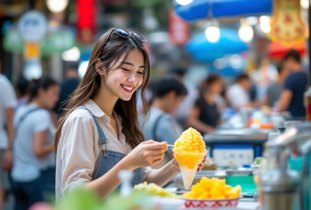 台湾の夜市で店員と楽しくやり取りする20代女性
