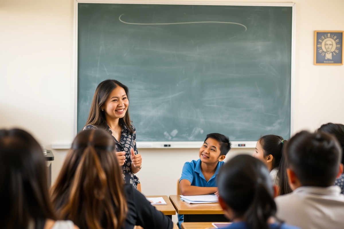 明るい教室でフィリピン人児童と触れ合う女性教師